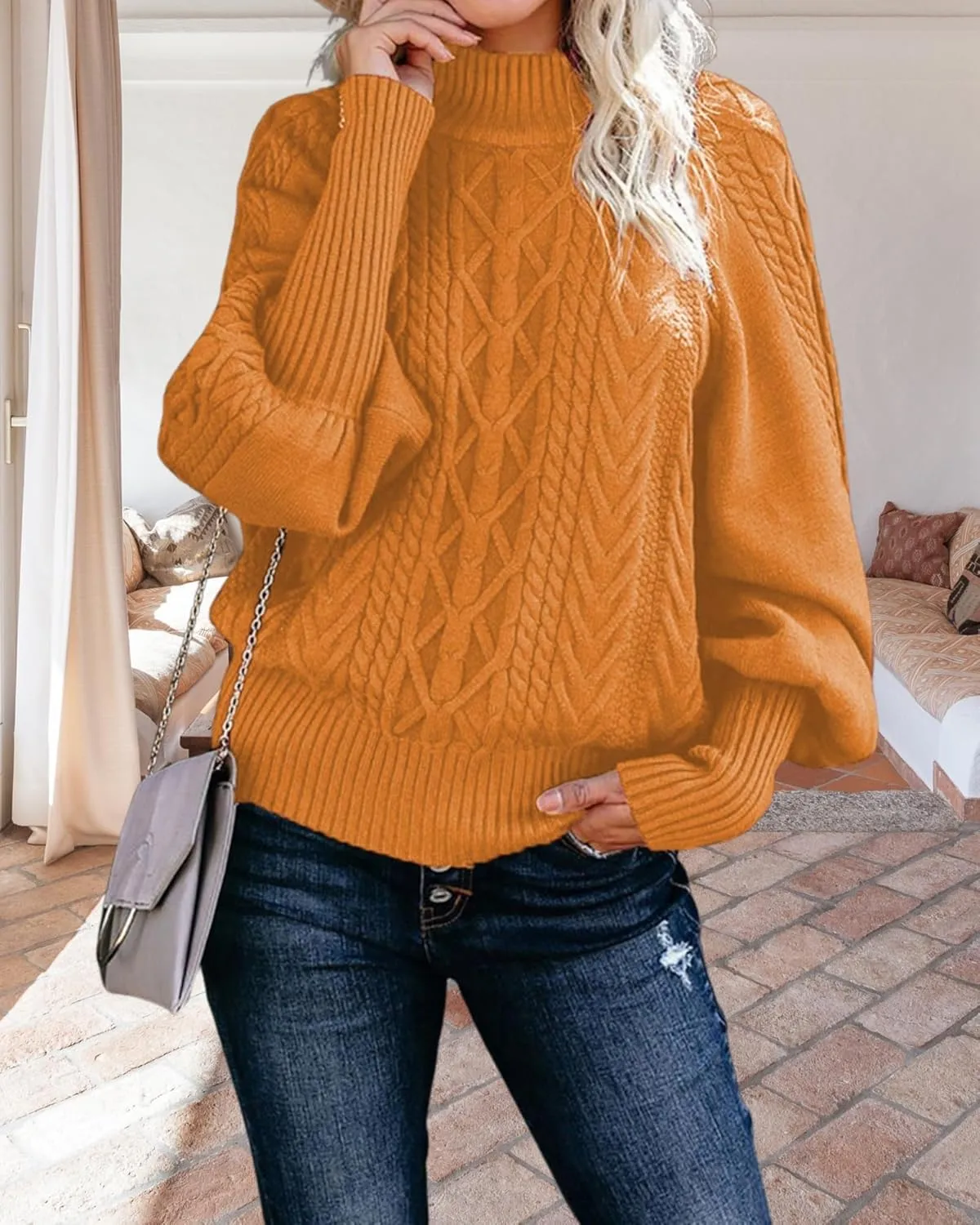 Womens High Neck Cable Knit Lantern Long Sleeve Sweaters Solid Loose Pullovers Sweater for Women Casual 2024