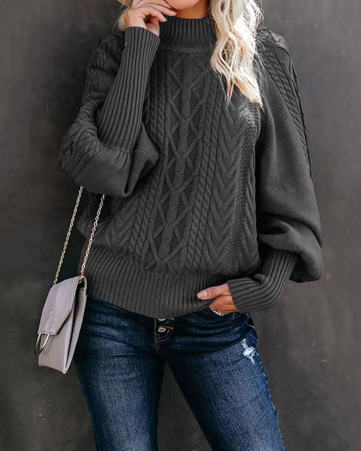 Womens High Neck Cable Knit Lantern Long Sleeve Sweaters Solid Loose Pullovers Sweater for Women Casual 2024