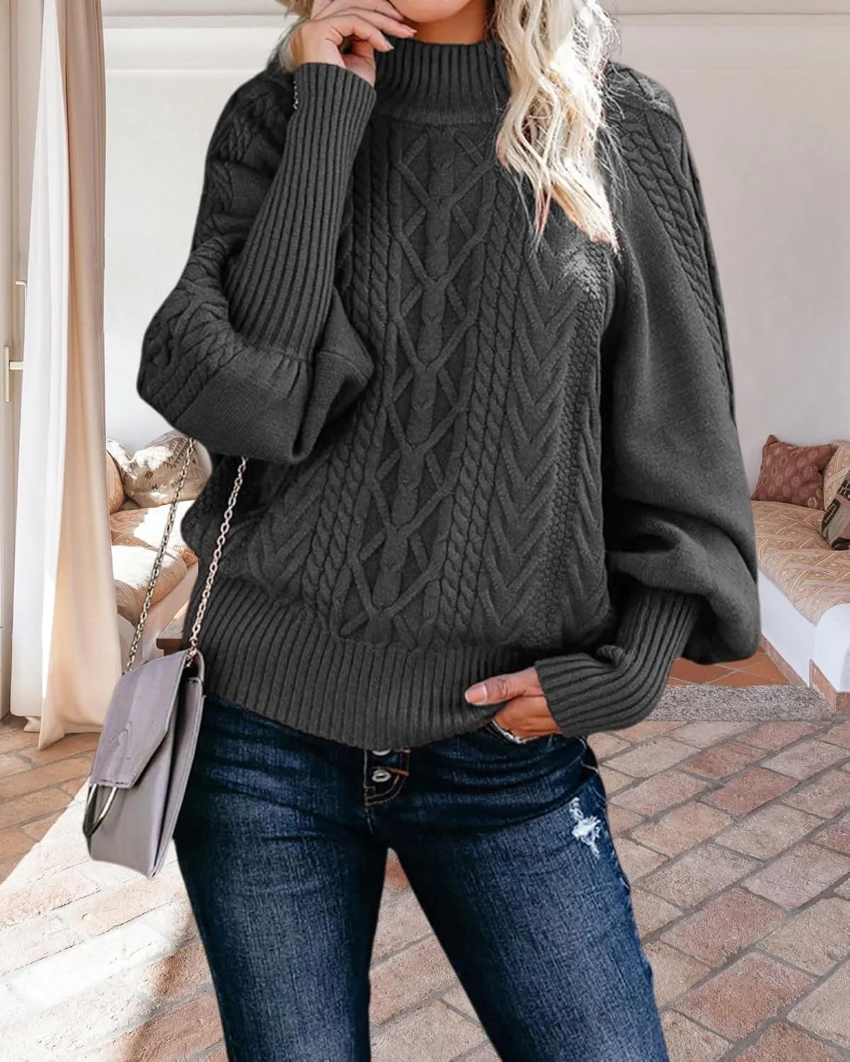 Womens High Neck Cable Knit Lantern Long Sleeve Sweaters Solid Loose Pullovers Sweater for Women Casual 2024