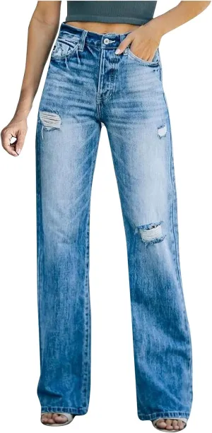 Women's High Waist Baggy Jeans Wide Leg Denim Jeans Flap Pocket Side Jeans Straight Casual Loose Trousers Classic Streetwear Blue