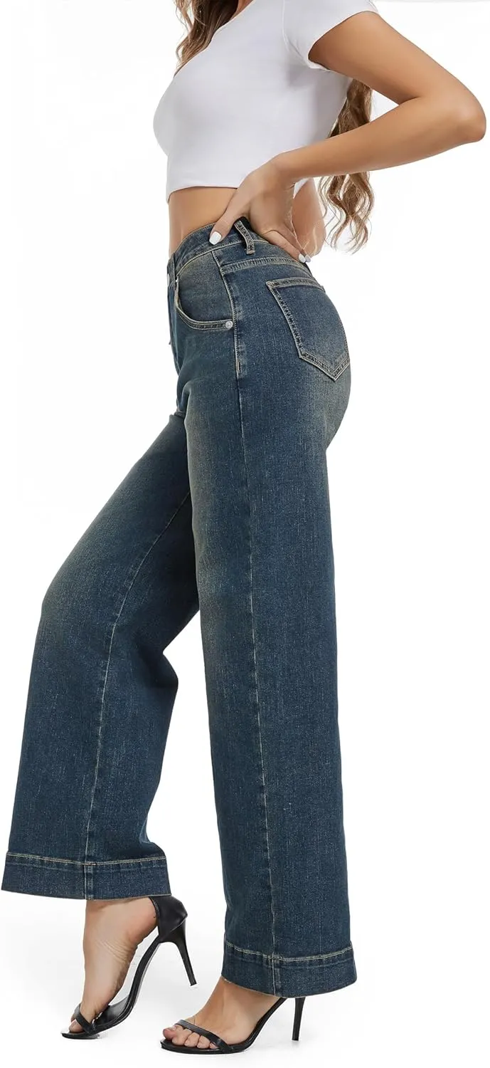 Womens High Waisted Stretchy Jeans - Wide Leg, Baggy, Loose, Trendy Jeans for Women