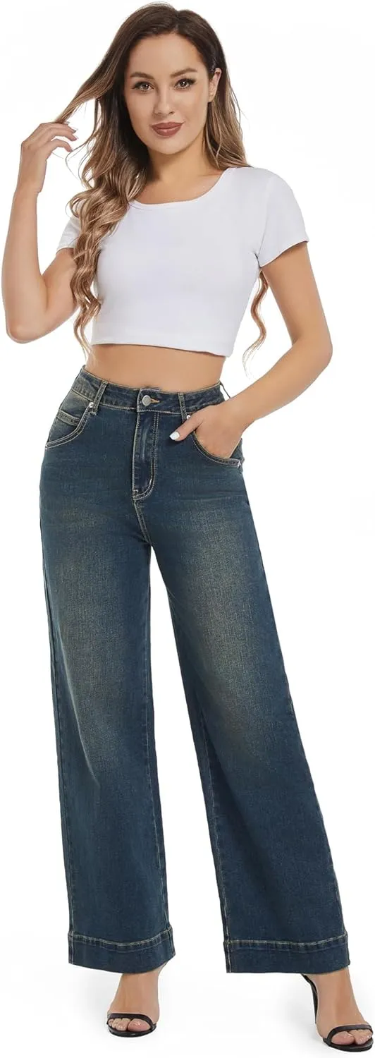 Womens High Waisted Stretchy Jeans - Wide Leg, Baggy, Loose, Trendy Jeans for Women