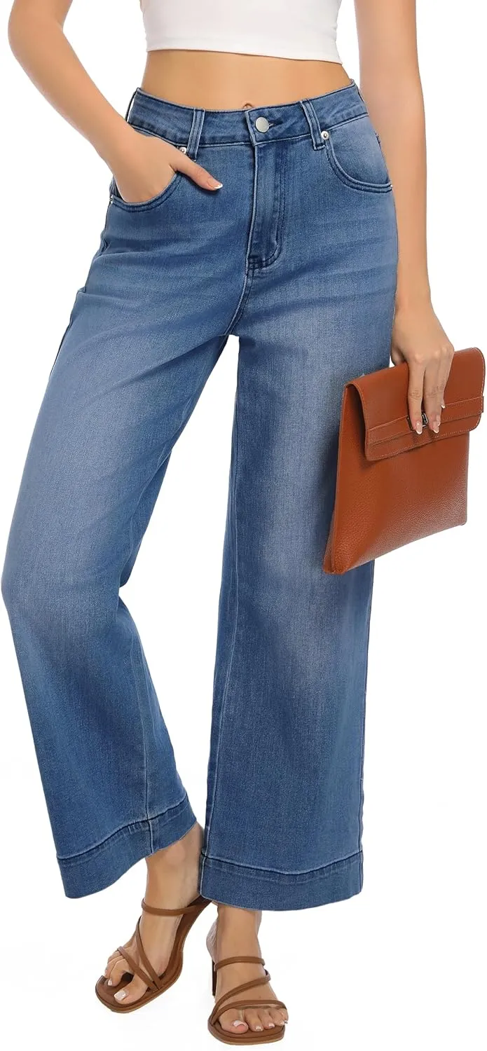 Womens High Waisted Stretchy Jeans - Wide Leg, Baggy, Loose, Trendy Jeans for Women