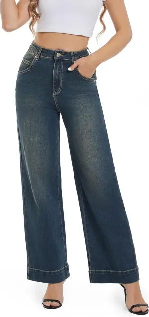 Womens High Waisted Stretchy Jeans - Wide Leg, Baggy, Loose, Trendy Jeans for Women