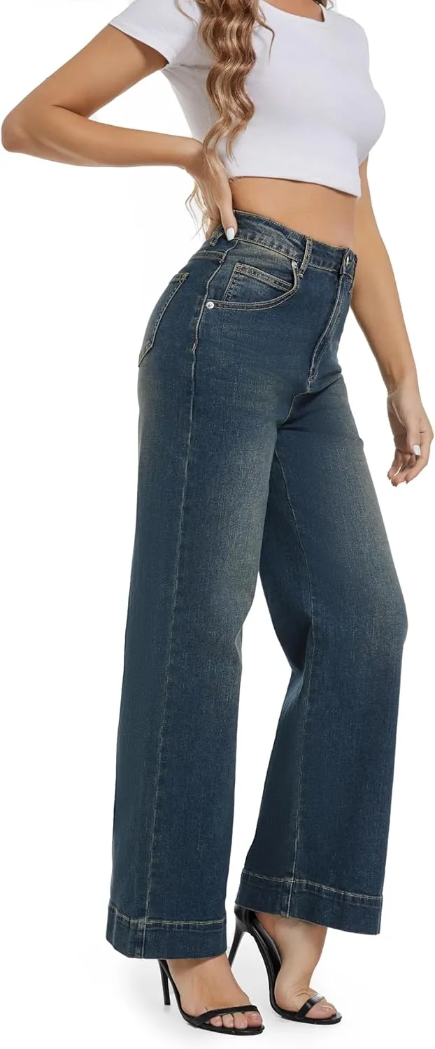 Womens High Waisted Stretchy Jeans - Wide Leg, Baggy, Loose, Trendy Jeans for Women