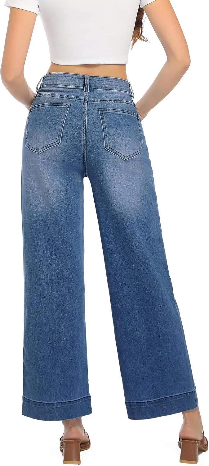 Womens High Waisted Stretchy Jeans - Wide Leg, Baggy, Loose, Trendy Jeans for Women