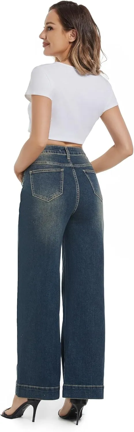 Womens High Waisted Stretchy Jeans - Wide Leg, Baggy, Loose, Trendy Jeans for Women