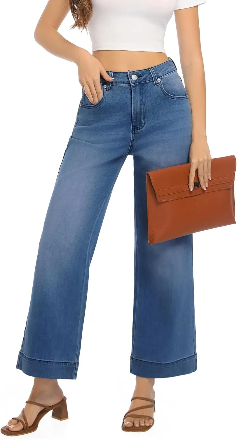 Womens High Waisted Stretchy Jeans - Wide Leg, Baggy, Loose, Trendy Jeans for Women