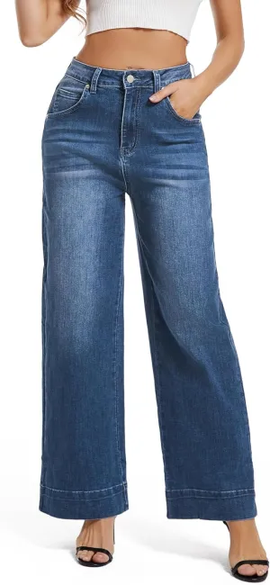 Womens High Waisted Stretchy Jeans - Wide Leg, Baggy, Loose, Trendy Jeans for Women