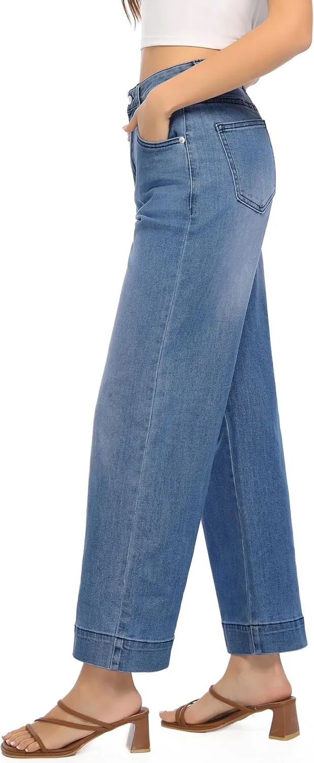 Womens High Waisted Stretchy Jeans - Wide Leg, Baggy, Loose, Trendy Jeans for Women