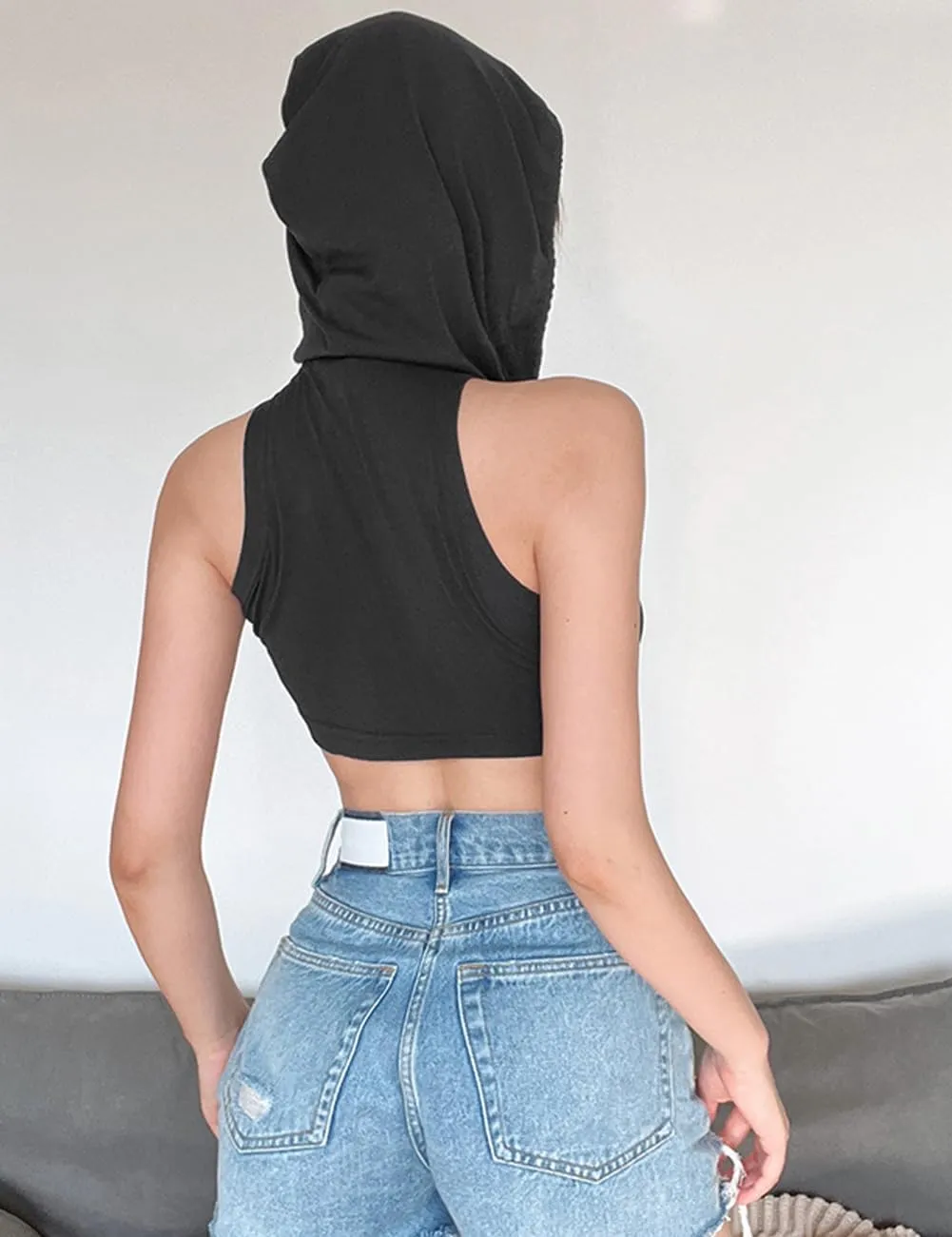 Women's Hooded Crop Tank Top Y2K Streetwear Sleeveless Hoodies Workout Rave Festival Tops