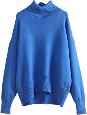 Women's Knitted Solid Turtleneck Oversized Sweater Loose Thick Long Sleeve Pullovers Knitwears Tops