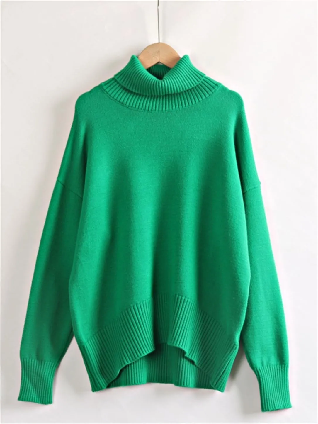 Women's Knitted Solid Turtleneck Oversized Sweater Loose Thick Long Sleeve Pullovers Knitwears Tops