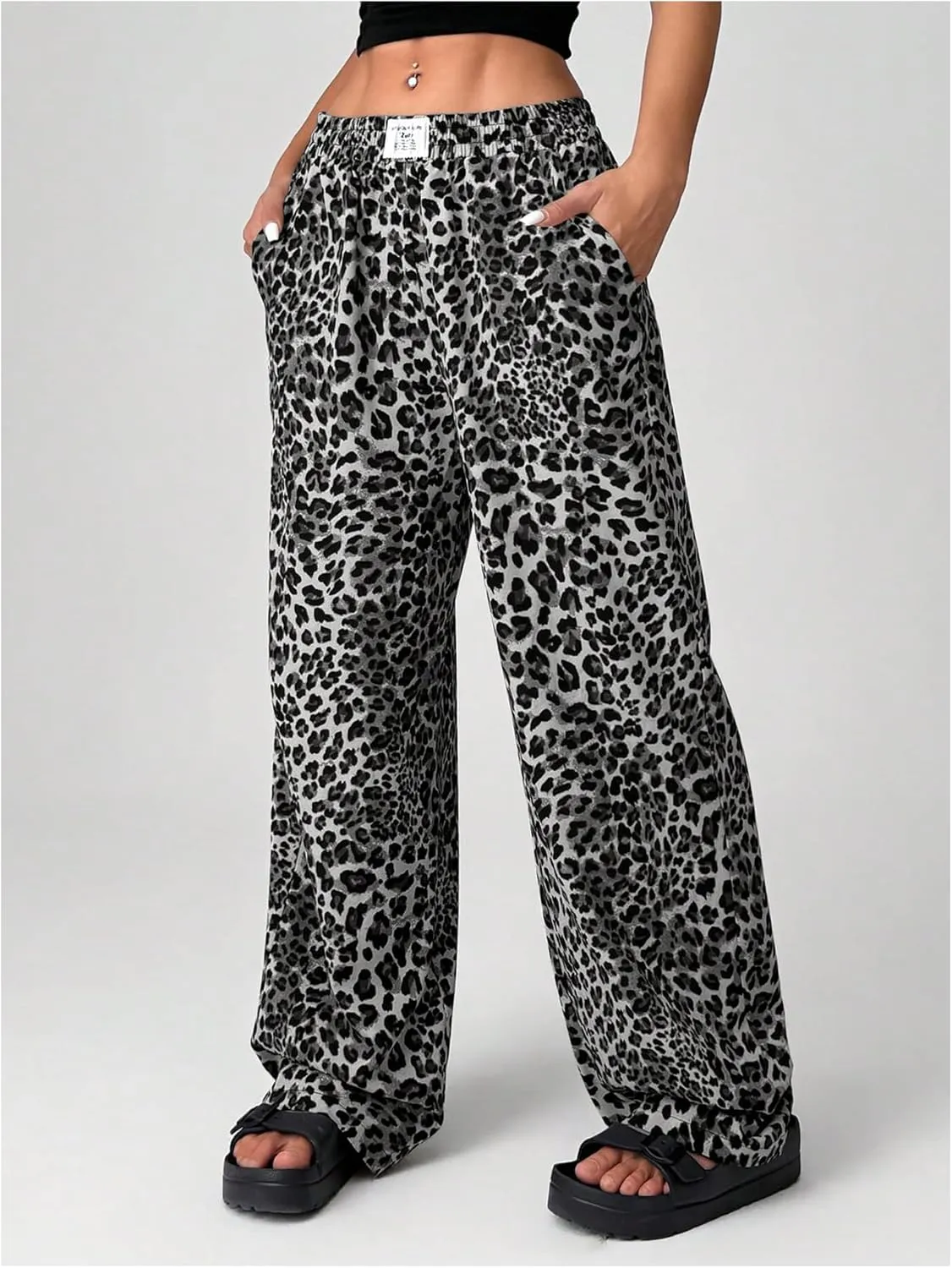 Women's Letter Leopard Print Straight Leg Pants Elastic Waist Y2K Trousers Bottoms with Pockets