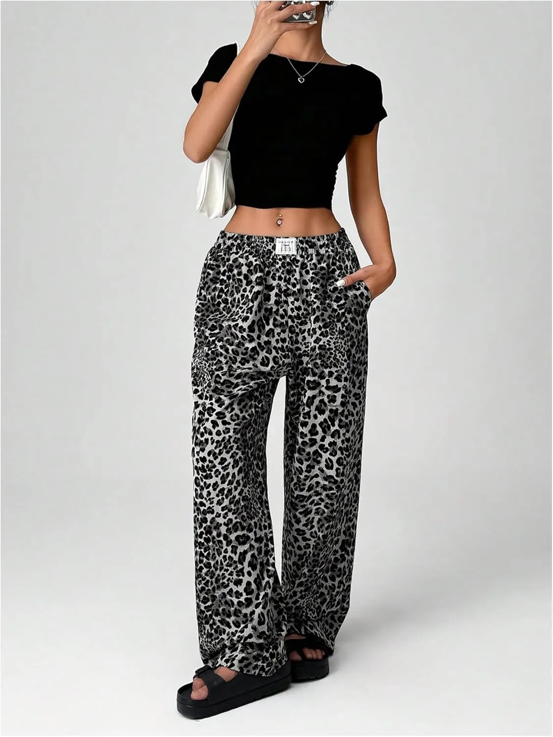 Women's Letter Leopard Print Straight Leg Pants Elastic Waist Y2K Trousers Bottoms with Pockets