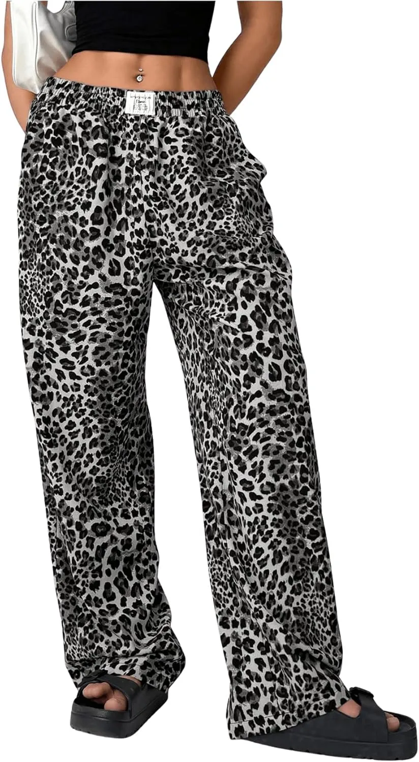 Women's Letter Leopard Print Straight Leg Pants Elastic Waist Y2K Trousers Bottoms with Pockets