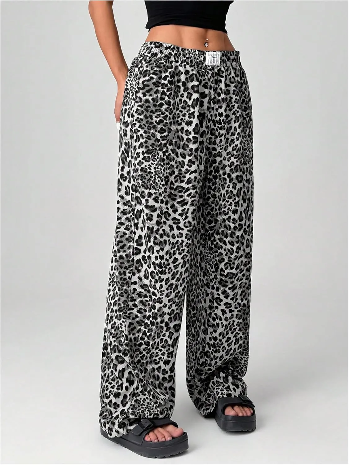 Women's Letter Leopard Print Straight Leg Pants Elastic Waist Y2K Trousers Bottoms with Pockets