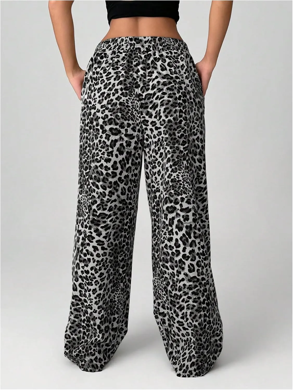 Women's Letter Leopard Print Straight Leg Pants Elastic Waist Y2K Trousers Bottoms with Pockets