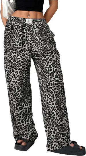 Women's Letter Leopard Print Straight Leg Pants Elastic Waist Y2K Trousers Bottoms with Pockets