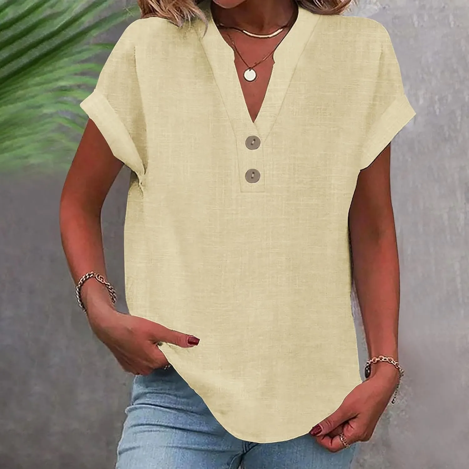 Womens Linen Shirts Short Sleeve V Neck Henley Shirts Solid Hippie T Shirts Summer Casual Dressy Blouses Boho Tunics