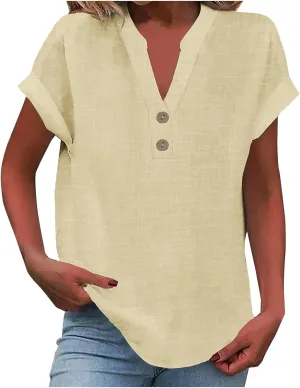 Womens Linen Shirts Short Sleeve V Neck Henley Shirts Solid Hippie T Shirts Summer Casual Dressy Blouses Boho Tunics
