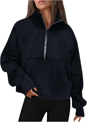 Women's Long Sleeve Casual Lapel Pullover Half Zip Sweatshirts Cropped Plaid Hoodies With Pocket Fall Trendy Outfits