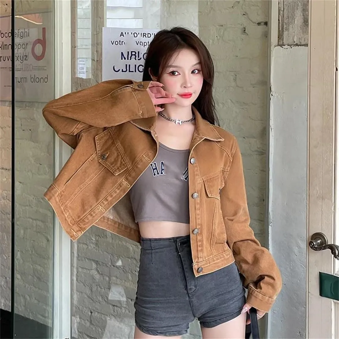 Women's Long Sleeve Cropped Denim Ripped Button Denim Coats Denim Clothing