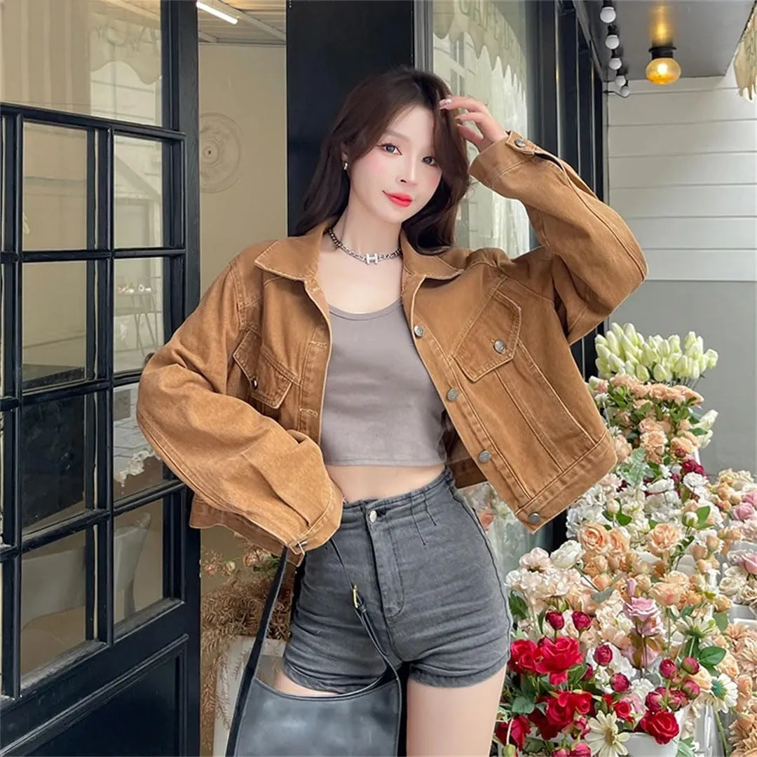 Women's Long Sleeve Cropped Denim Ripped Button Denim Coats Denim Clothing