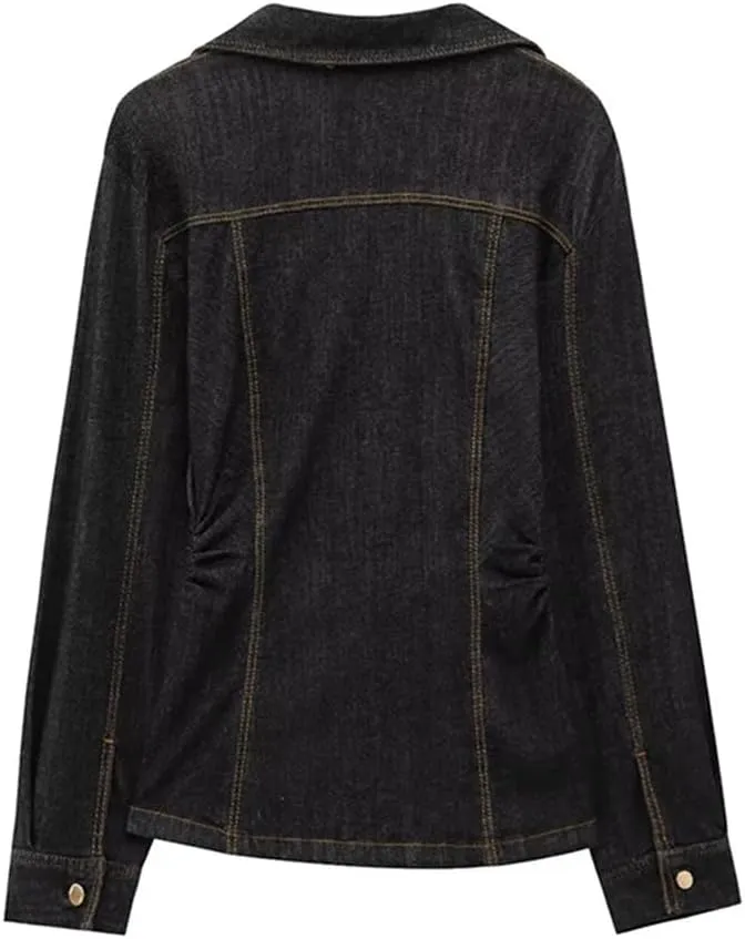 Women's Long Sleeve Denim Jacket Lightweight V-Neck Single-Breasted Waisted Denim Jacket