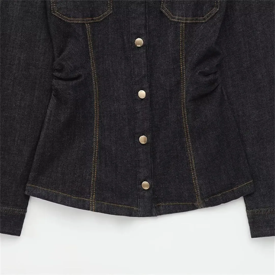 Women's Long Sleeve Denim Jacket Lightweight V-Neck Single-Breasted Waisted Denim Jacket