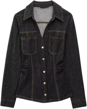 Women's Long Sleeve Denim Jacket Lightweight V-Neck Single-Breasted Waisted Denim Jacket