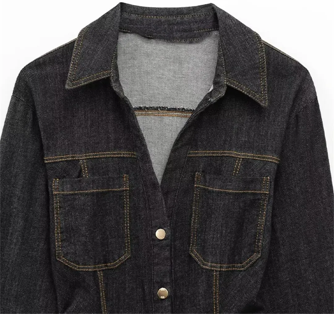 Women's Long Sleeve Denim Jacket Lightweight V-Neck Single-Breasted Waisted Denim Jacket