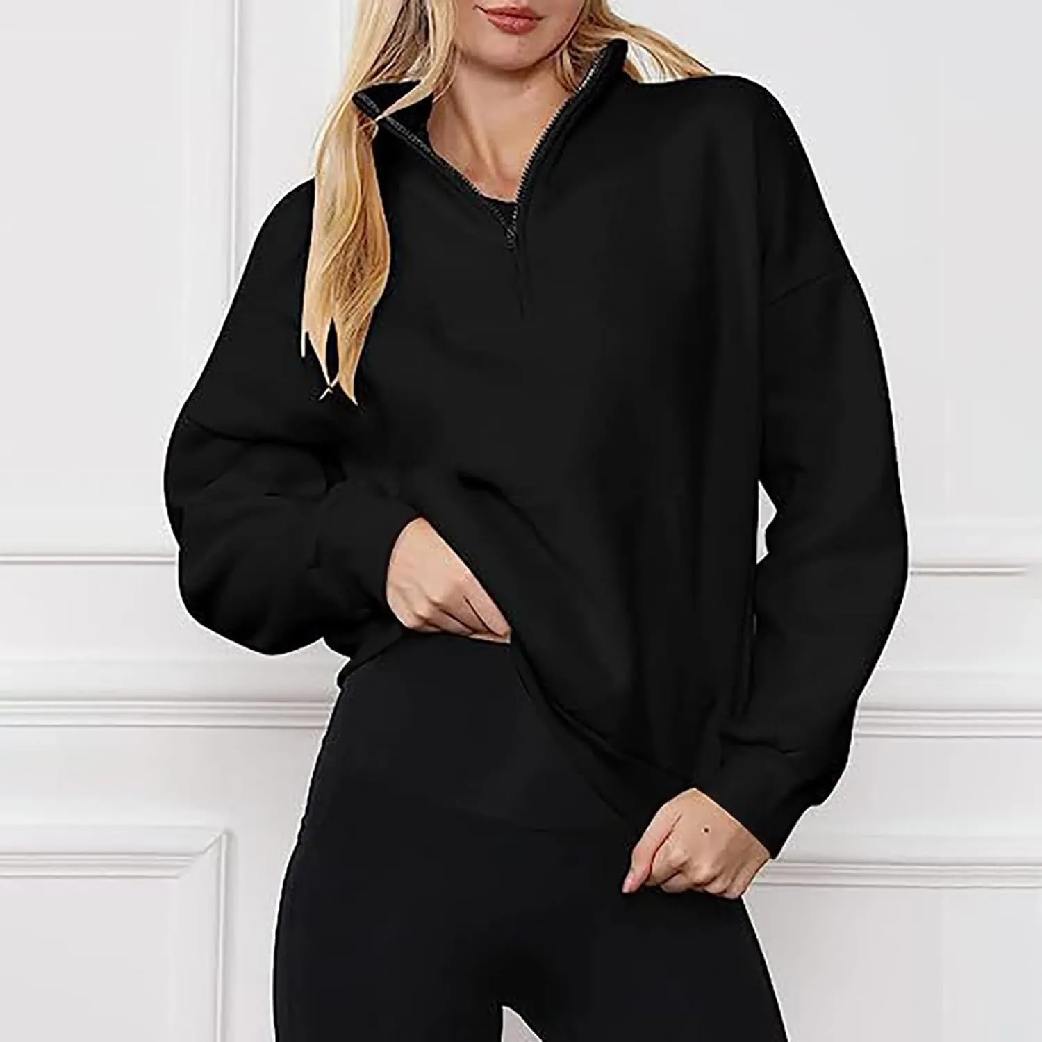 Womens Long Sleeve Solid Color Half Zip Sweatshirts Fall Winter Trendy Outfits Hoodies With Pockets Workout Pullover