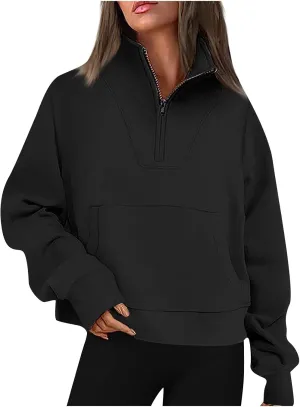 Womens Long Sleeve Solid Color Half Zip Sweatshirts Fall Winter Trendy Outfits Hoodies With Pockets Workout Pullover