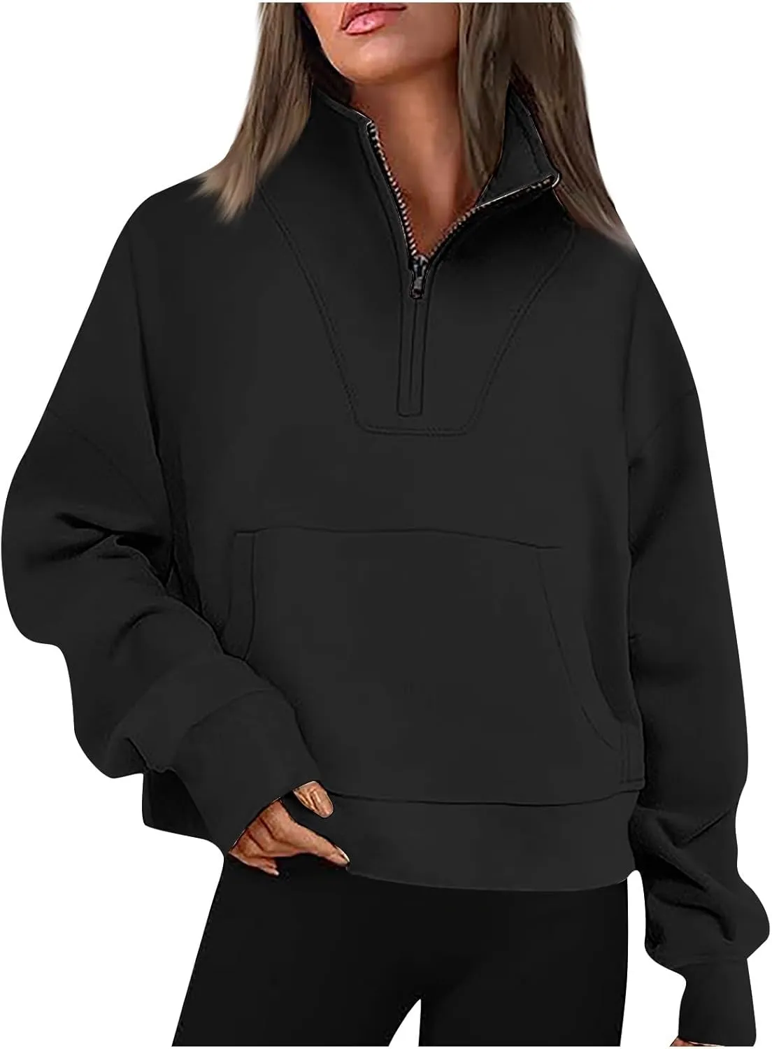 Womens Long Sleeve Solid Color Half Zip Sweatshirts Fall Winter Trendy Outfits Hoodies With Pockets Workout Pullover