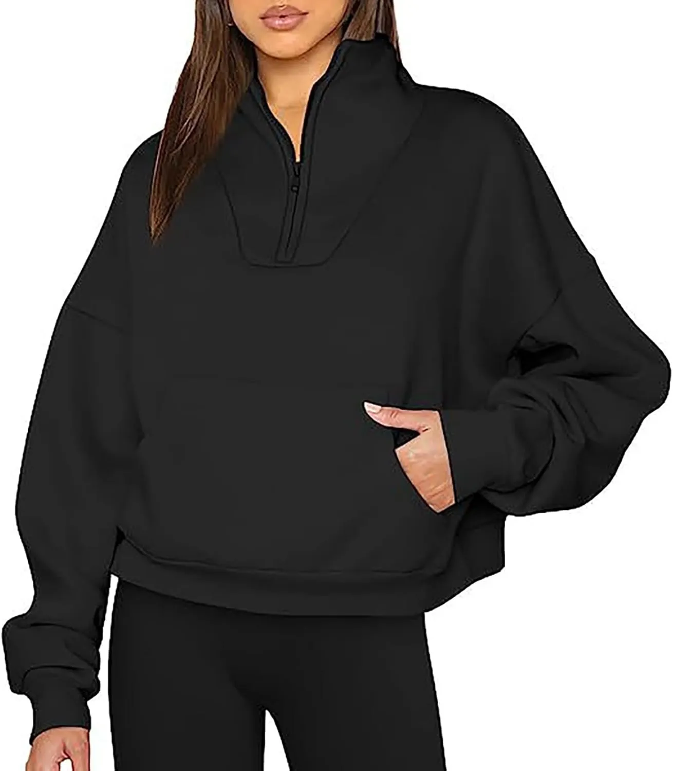 Womens Long Sleeve Solid Color Half Zip Sweatshirts Fall Winter Trendy Outfits Hoodies With Pockets Workout Pullover