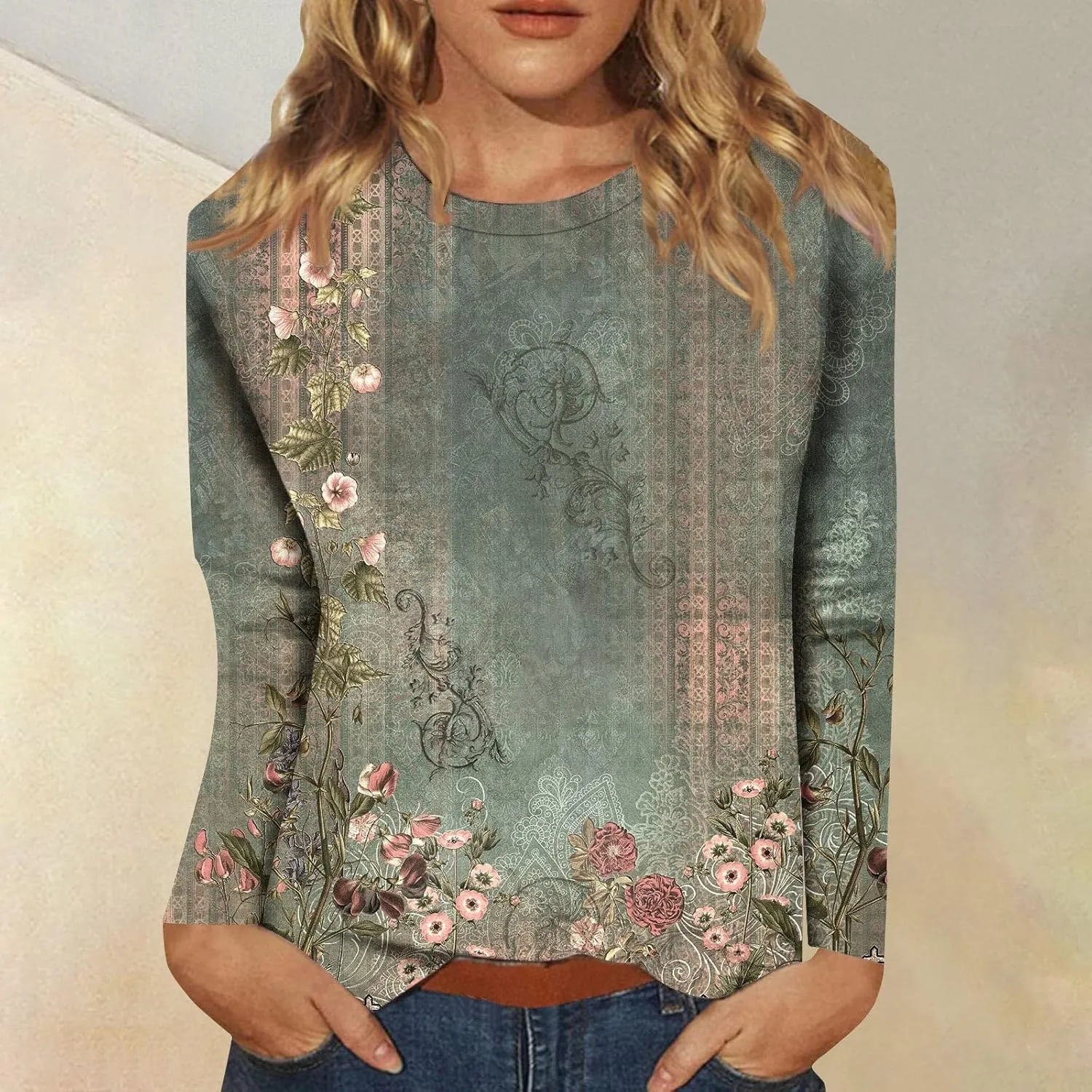 Womens Long Sleeve Tops Fall Shirt Women Dressy Casual Plus Size Round Neck Cute Tops