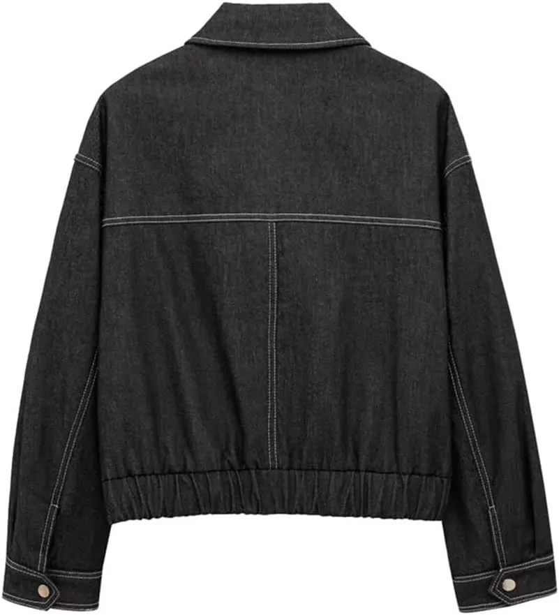Women's Oversized Denim Jacket Short Solid Zip Street Denim Jacket