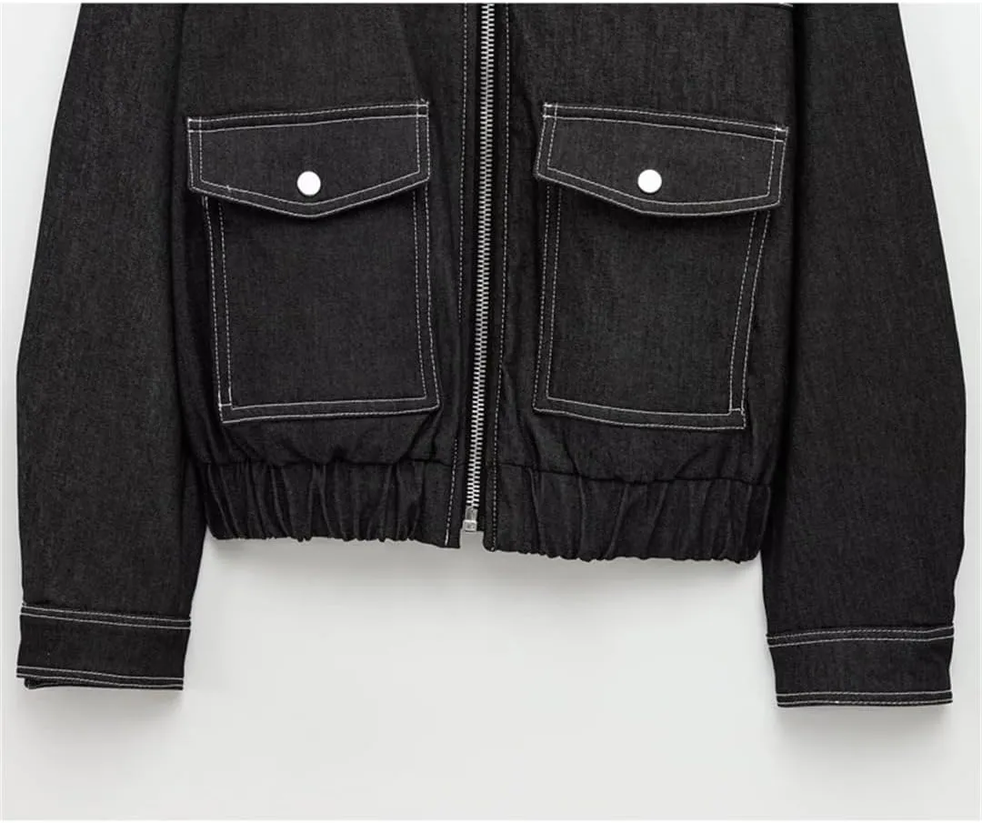 Women's Oversized Denim Jacket Short Solid Zip Street Denim Jacket