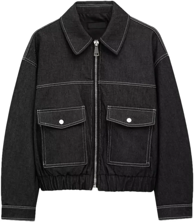 Women's Oversized Denim Jacket Short Solid Zip Street Denim Jacket