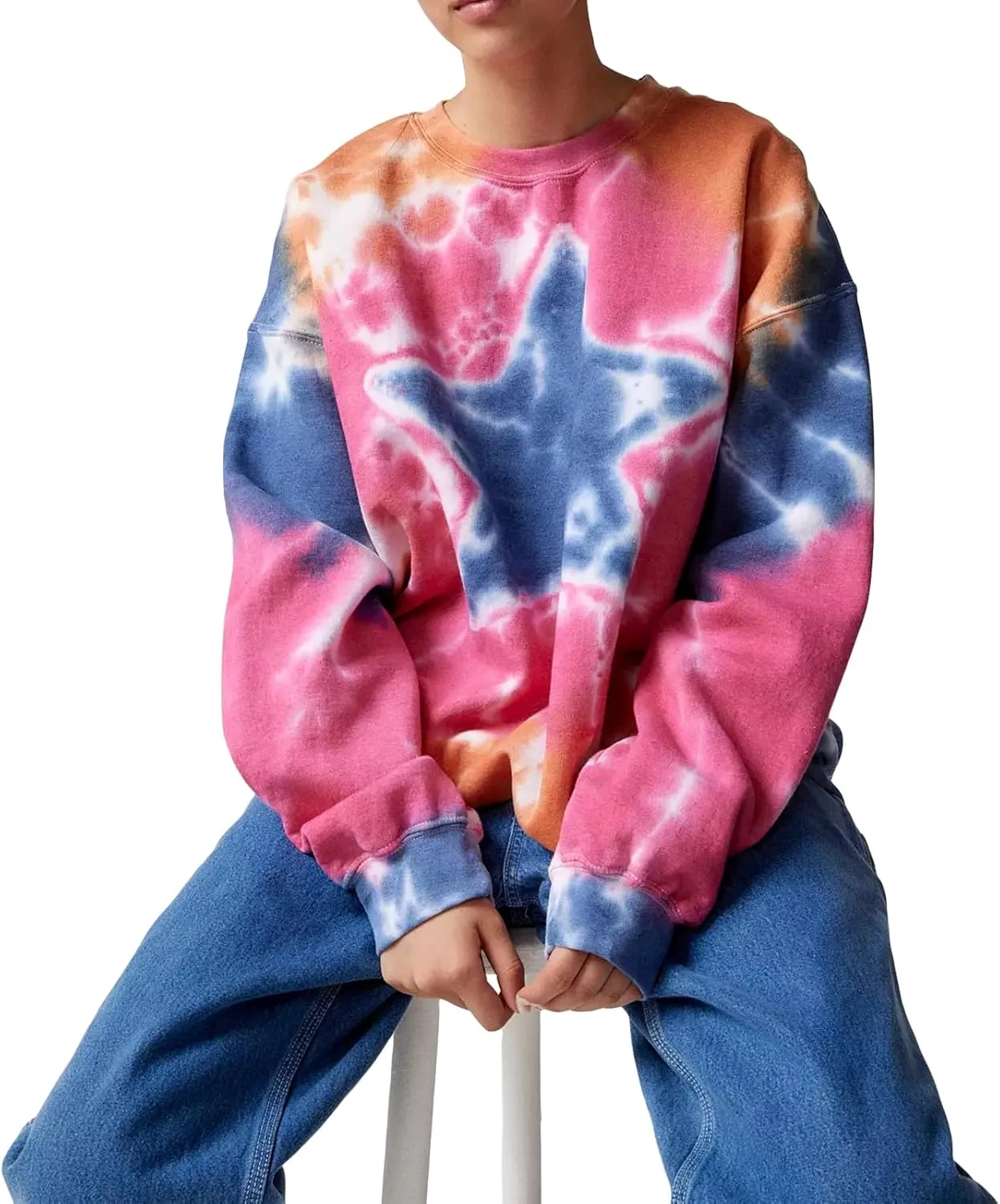 Women's Oversized Sweatshirts Tie-Dye Stars Print Long Sleeve Crew Neck Pullovers Fall Winter Casual Tops