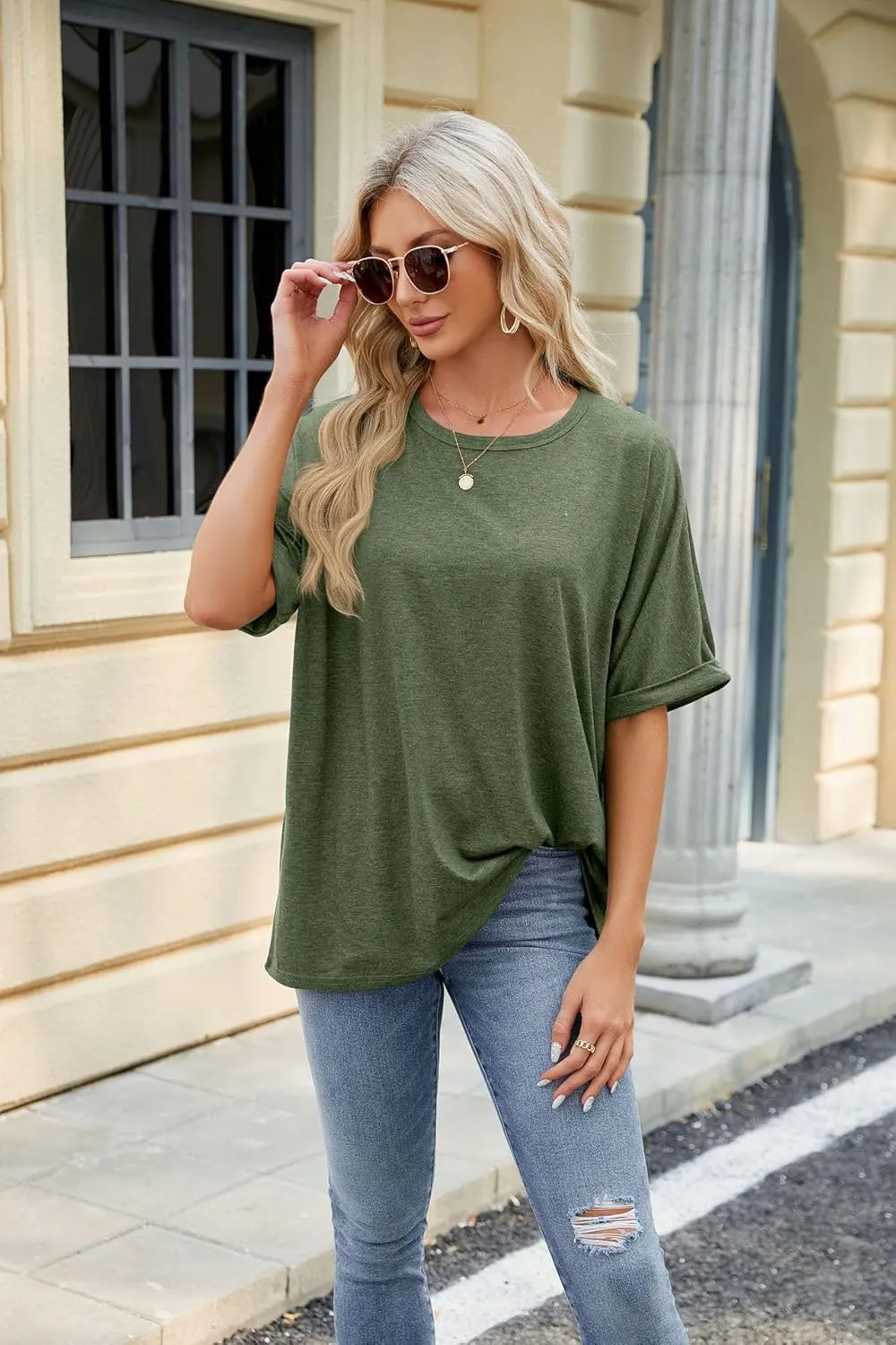 Womens Oversized T Shirts Short Sleeve Crewneck Summer Tops Casual Loose Blouse Basic Tee Tops