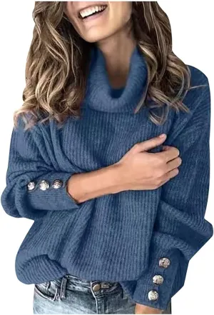 Women's Oversized Turtleneck Sweaters Chunky Pullover Sweaters Comfy Loose Knit Sweaters Button Long Sleeve Sweaters