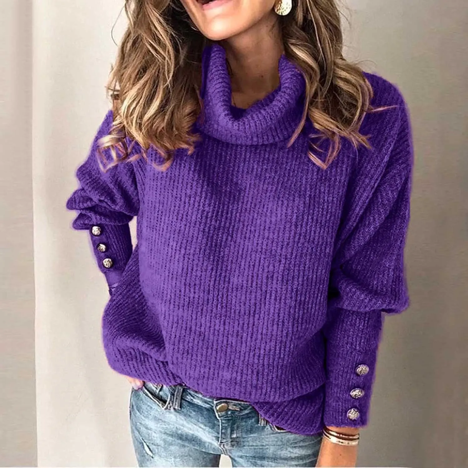 Women's Oversized Turtleneck Sweaters Chunky Pullover Sweaters Comfy Loose Knit Sweaters Button Long Sleeve Sweaters
