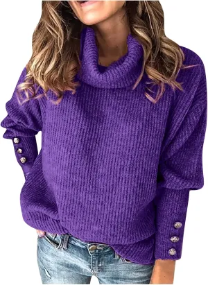 Women's Oversized Turtleneck Sweaters Chunky Pullover Sweaters Comfy Loose Knit Sweaters Button Long Sleeve Sweaters