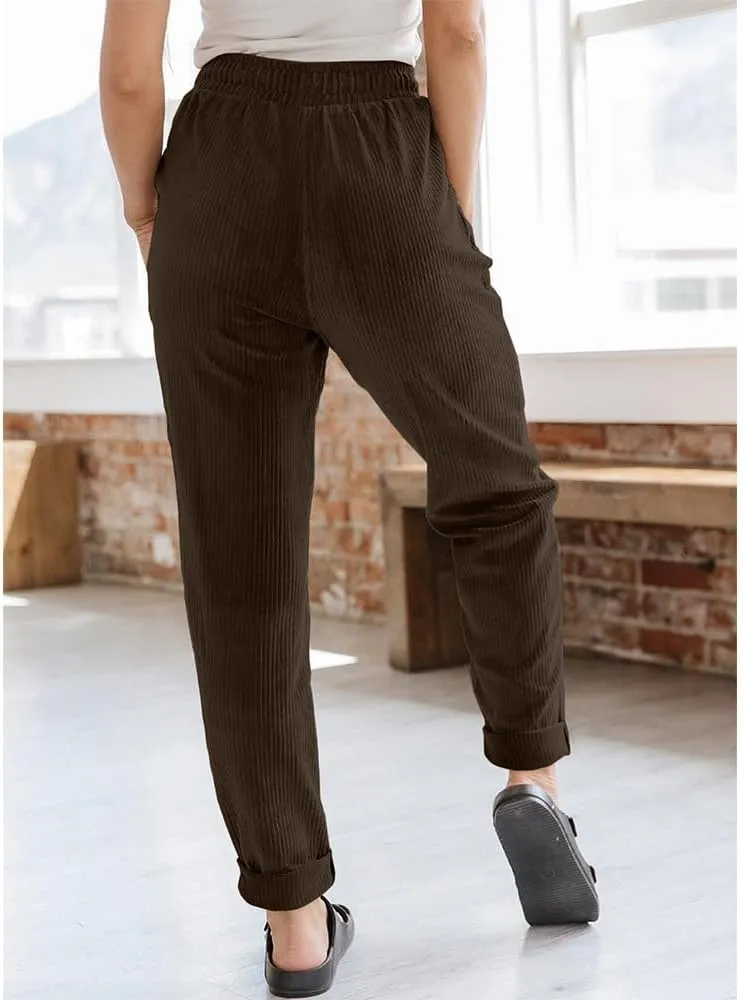 Women's Pants Casual Corduroy High Waist Straight Leg Elastic Drawstring Bottoms Trousers with Pockets