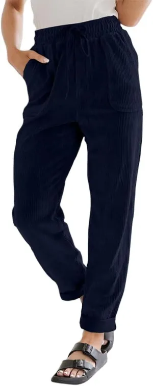 Women's Pants Casual Corduroy High Waist Straight Leg Elastic Drawstring Bottoms Trousers with Pockets