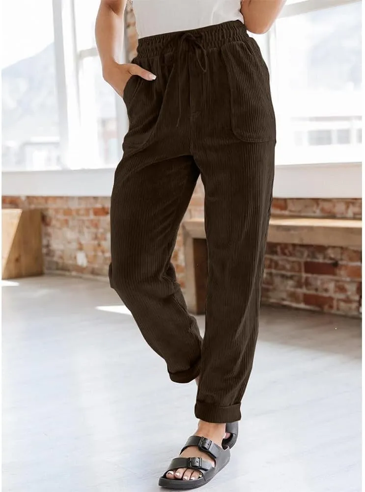 Women's Pants Casual Corduroy High Waist Straight Leg Elastic Drawstring Bottoms Trousers with Pockets