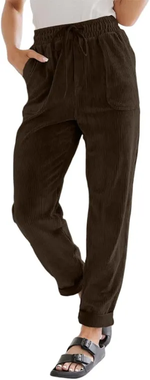 Women's Pants Casual Corduroy High Waist Straight Leg Elastic Drawstring Bottoms Trousers with Pockets