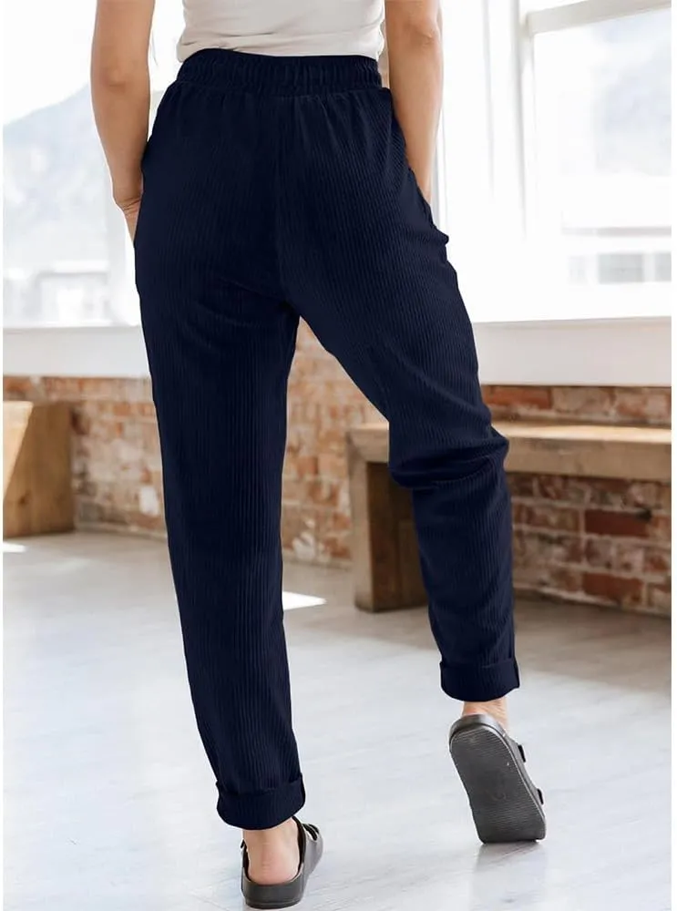 Women's Pants Casual Corduroy High Waist Straight Leg Elastic Drawstring Bottoms Trousers with Pockets
